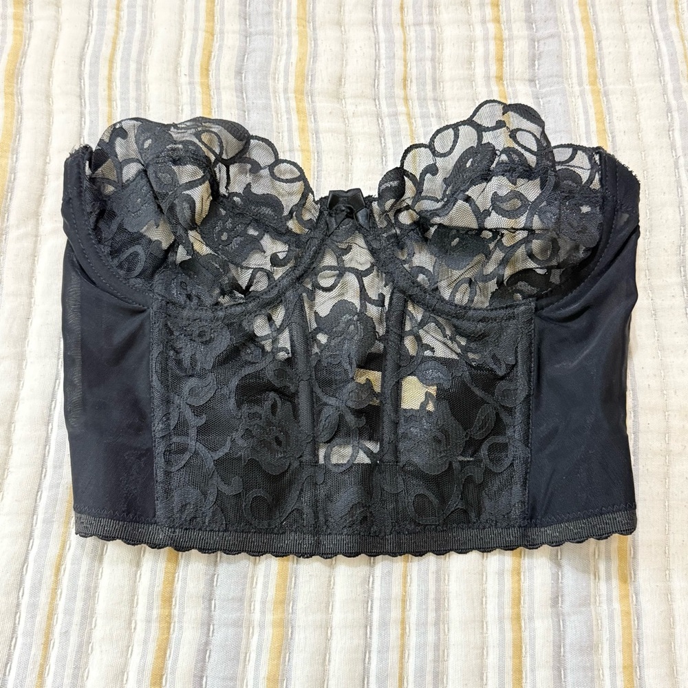 Vintage 70’s Victoria’s Secret Corset Black Lace Bustier Top Sz 36C low back bra